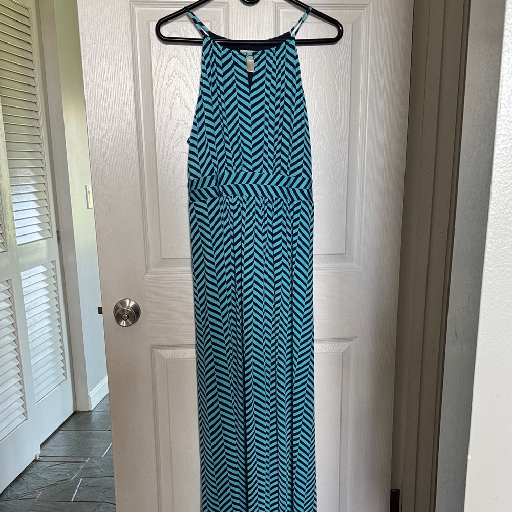 LOFT Teal and Navy Chevron Maxi Dress